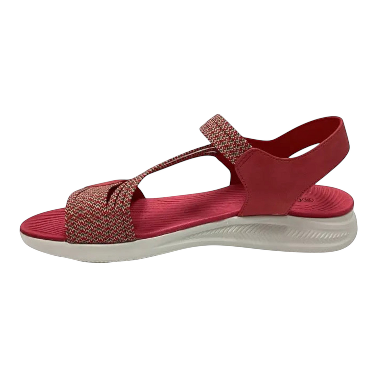 The Shoe Shop Florrie red textile summer sandal with adjustable Velcro strap, cushioned footbed, and white sole.