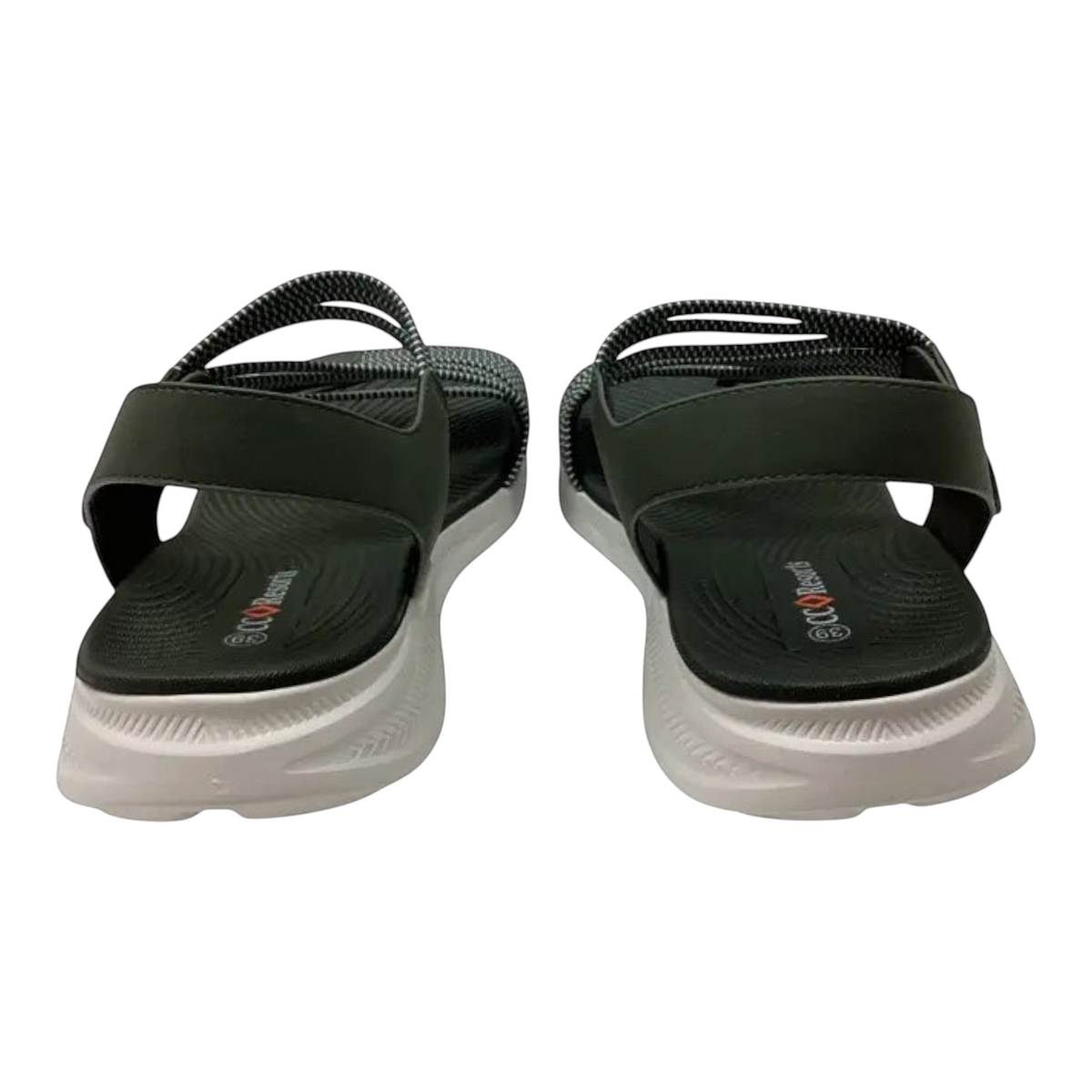 The Shoe Shop Florrie sandals featuring a black contoured footbed and white athletic sole with striped straps