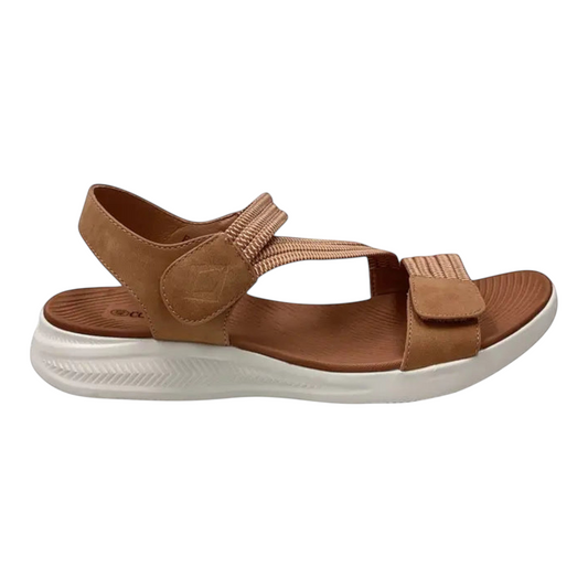 The Shoe Shop CC Resorts Florrie tan textile sandals with velcro straps, cushioned footbed, and white anti-skid sole.