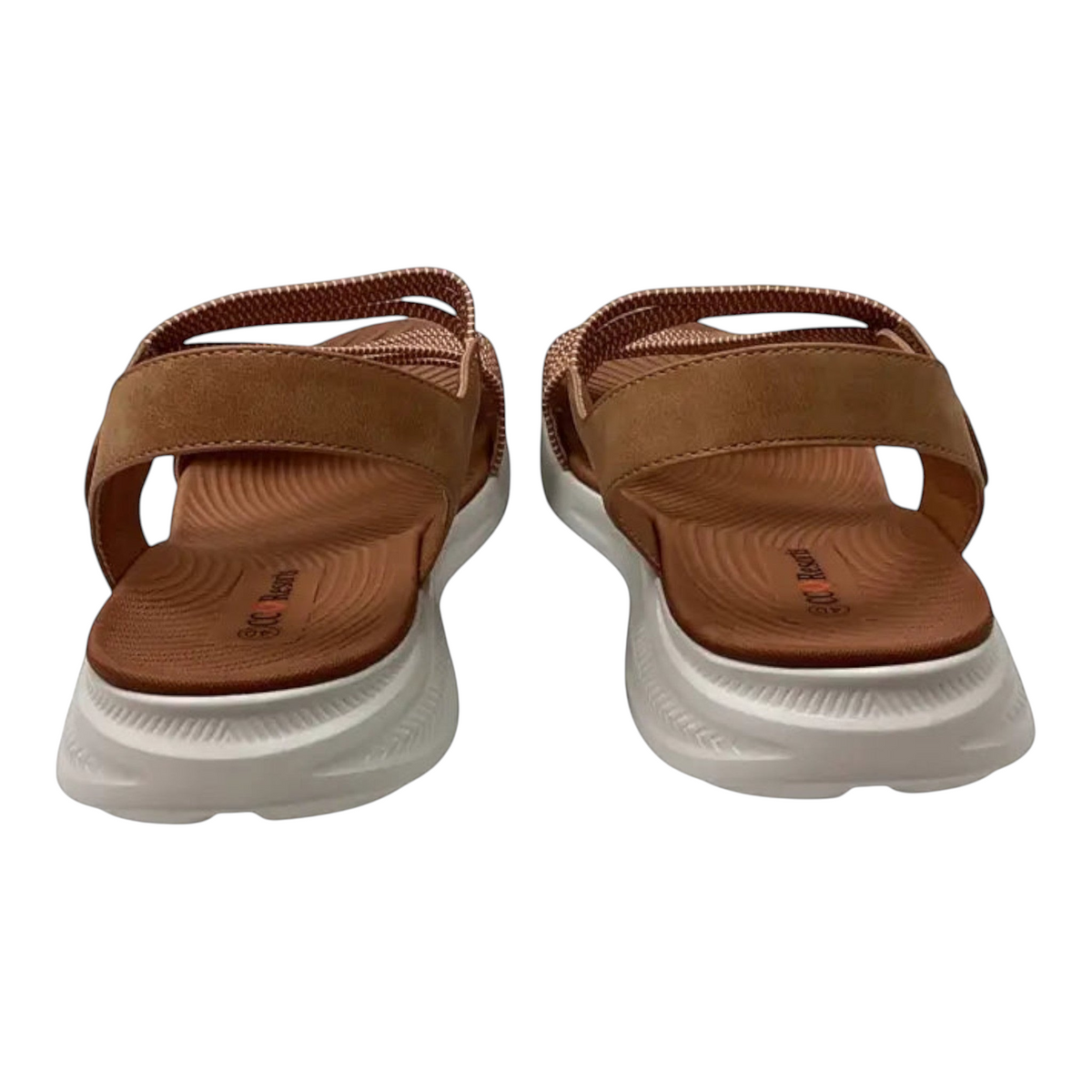 The Shoe Shop Florrie tan textile sandals with adjustable velcro straps and white cushioned anti-skid soles.