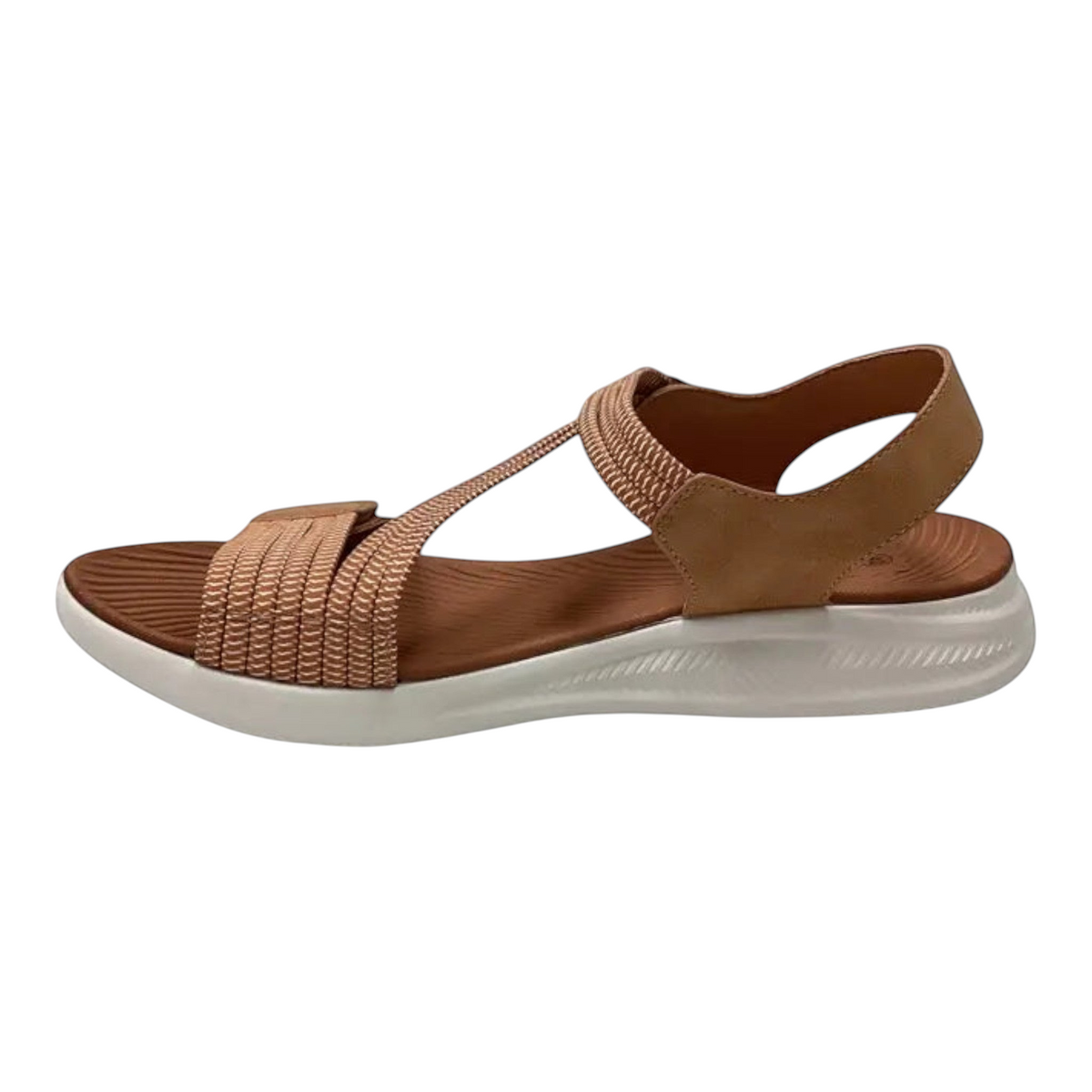 The Shoe Shop Florrie tan textile sandal with adjustable velcro strap, cushioned footbed, and white anti-skid sole.