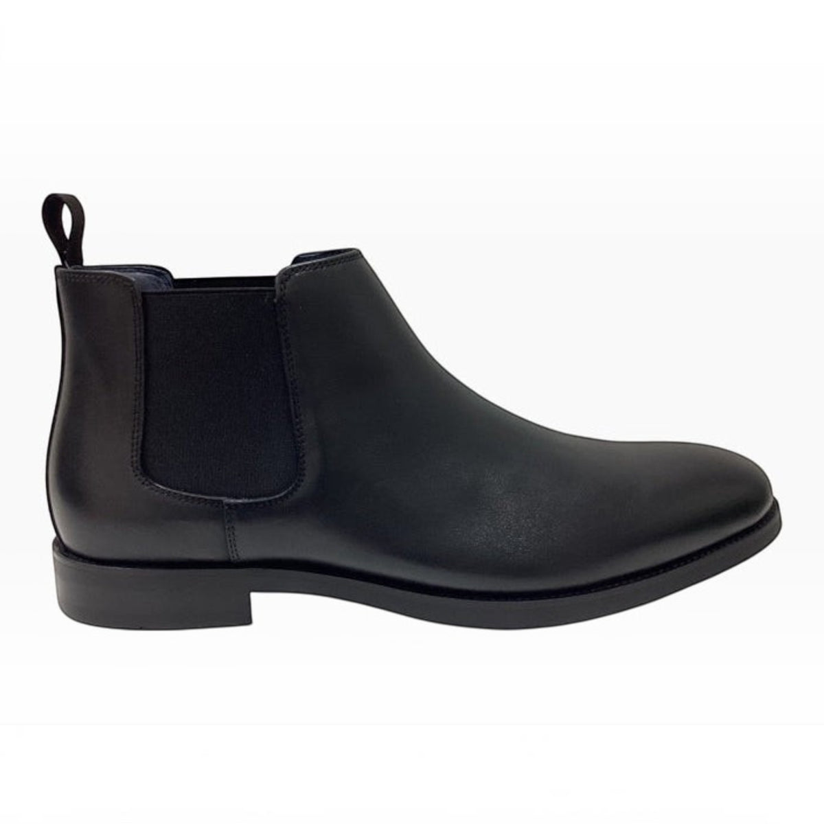 The Shoe Shop Florsheim black leather Chelsea boot with elastic side panels and a pull tab in a side profile view.