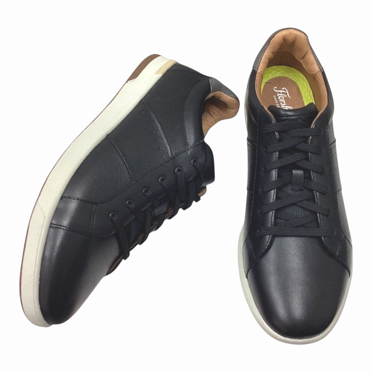 The Shoe Shop Florsheim Crossover black leather lace-up sneakers with cushioned footbed and durable rubber sole.