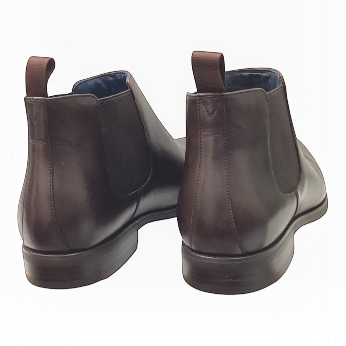 The Shoe Shop Florsheim Ceduna brown leather Chelsea boots featuring elastic side panels and pull tabs, rear view.