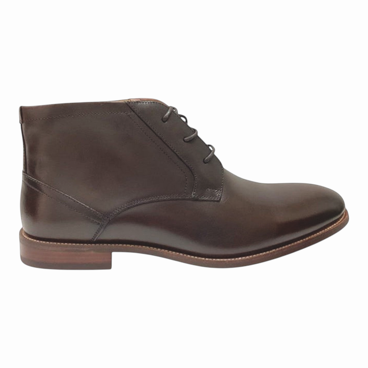 The Shoe Shop Florsheim Rucci dark brown leather chukka boot with three-eyelet lace-up and stitched welt sole.