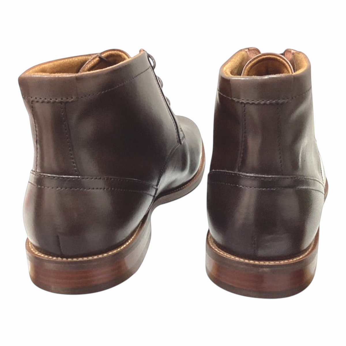 The Shoe Shop Florsheim Rucci dark brown leather chukka boots, back view showing stacked heel and ankle silhouette.