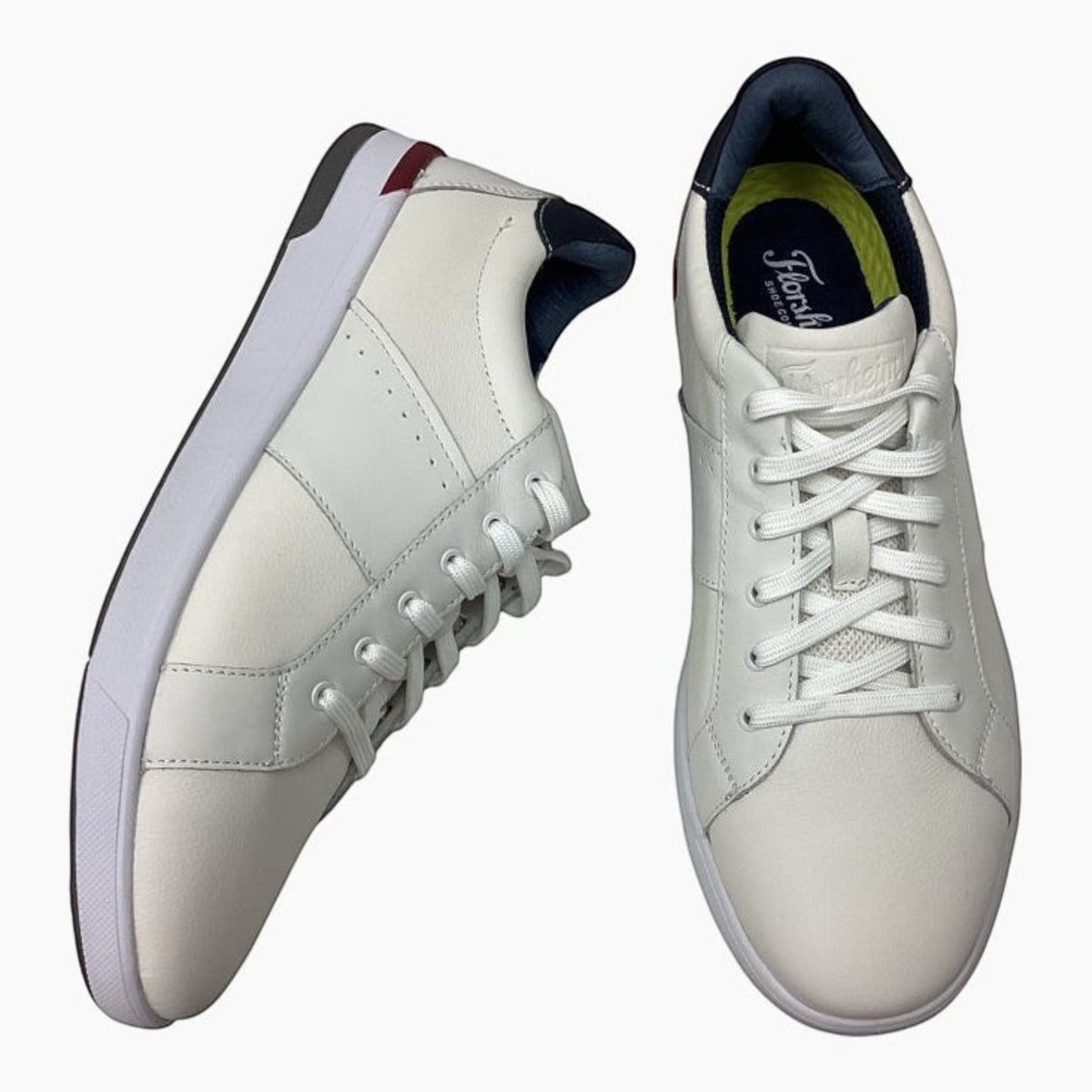 The Shoe Shop Florsheim Crossover white leather lace-up sneakers with cushioned footbed and durable rubber sole.