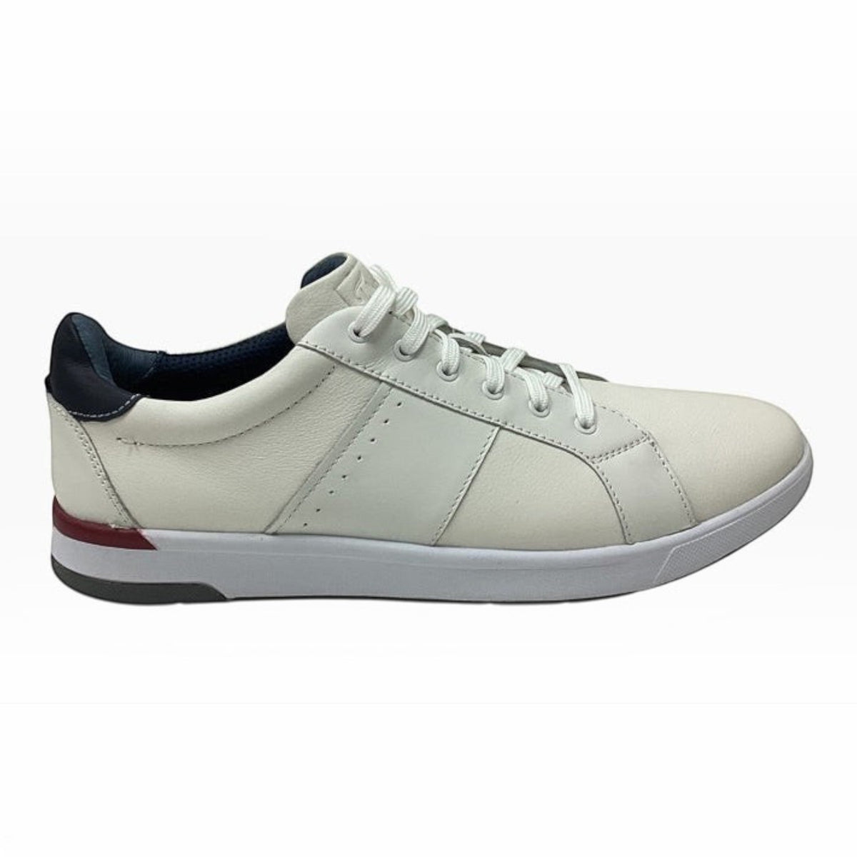 The Shoe Shop Florsheim Crossover white leather lace-up sneaker with navy heel detail and cushioned rubber sole.