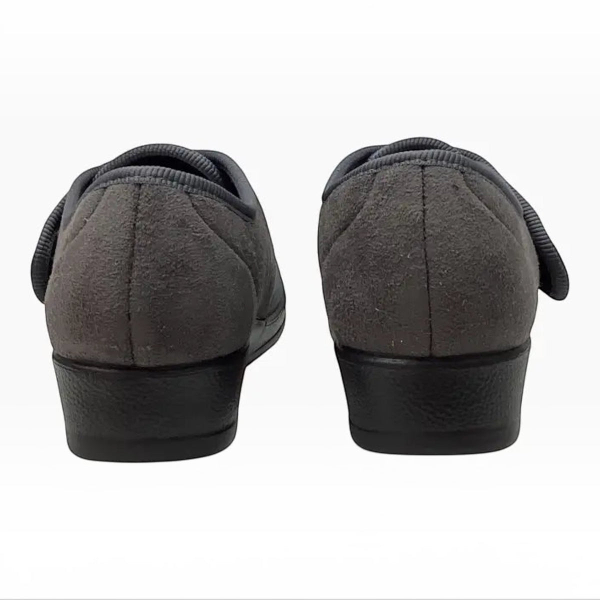 The Shoe Shop Fly Flot anthracite grey orthotic house shoes with velcro closure and non-slip soles, rear view.