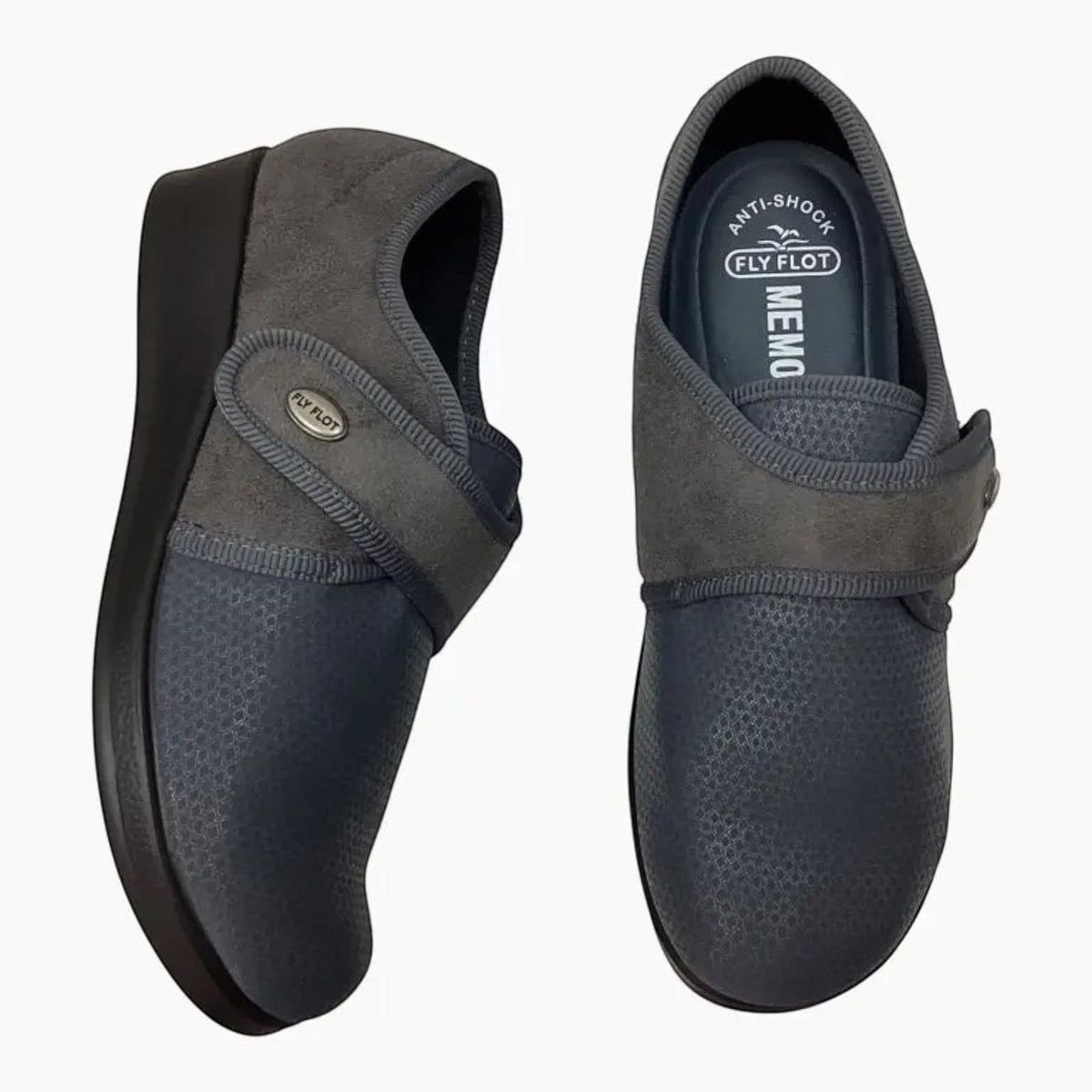 The Shoe Shop Fly Flot anthracite orthotic house shoe with soft stretch upper, velcro strap, and non-slip sole.
