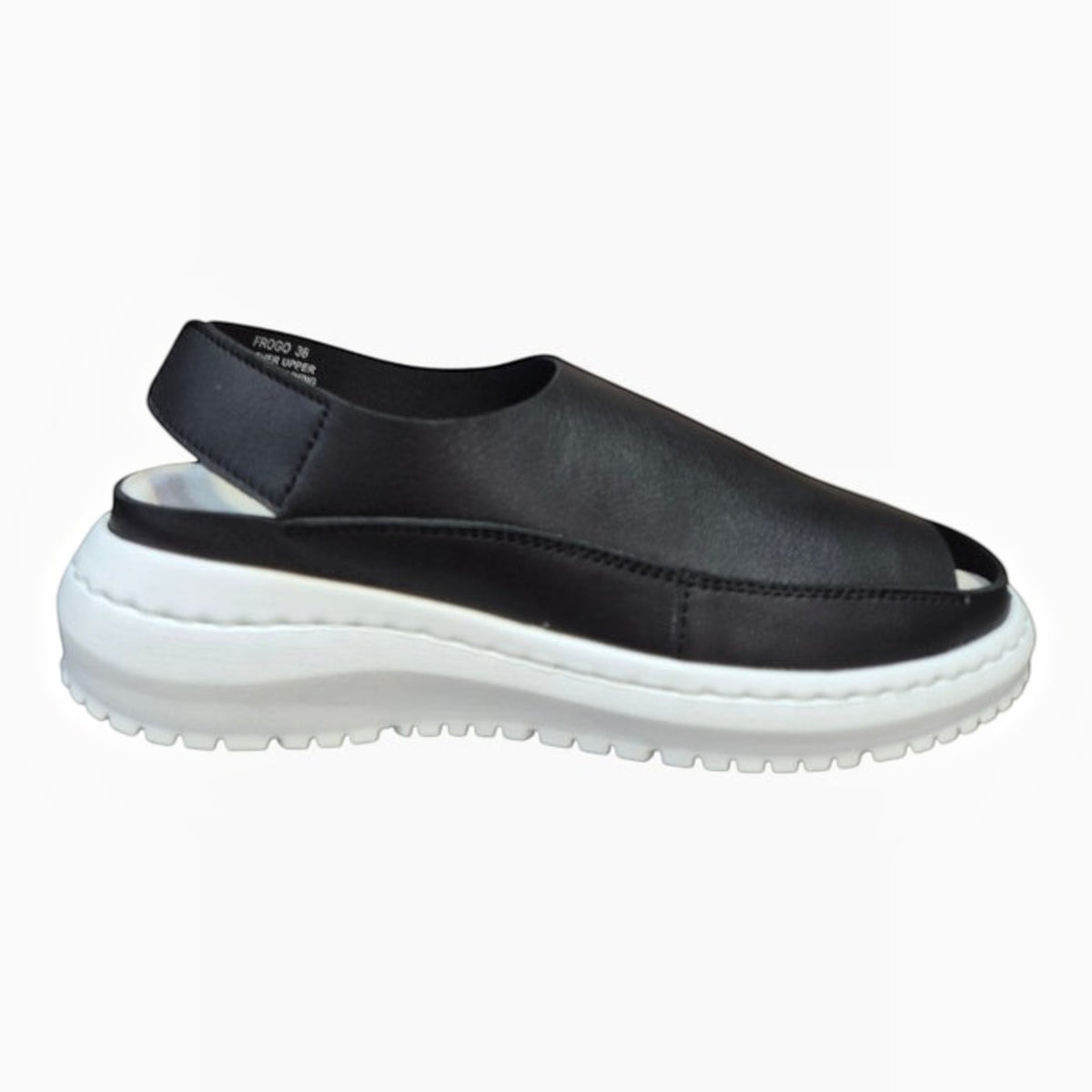 The Shoe Shop Froggo black leather sandal with a white lightweight EVA platform sole and open toe design.