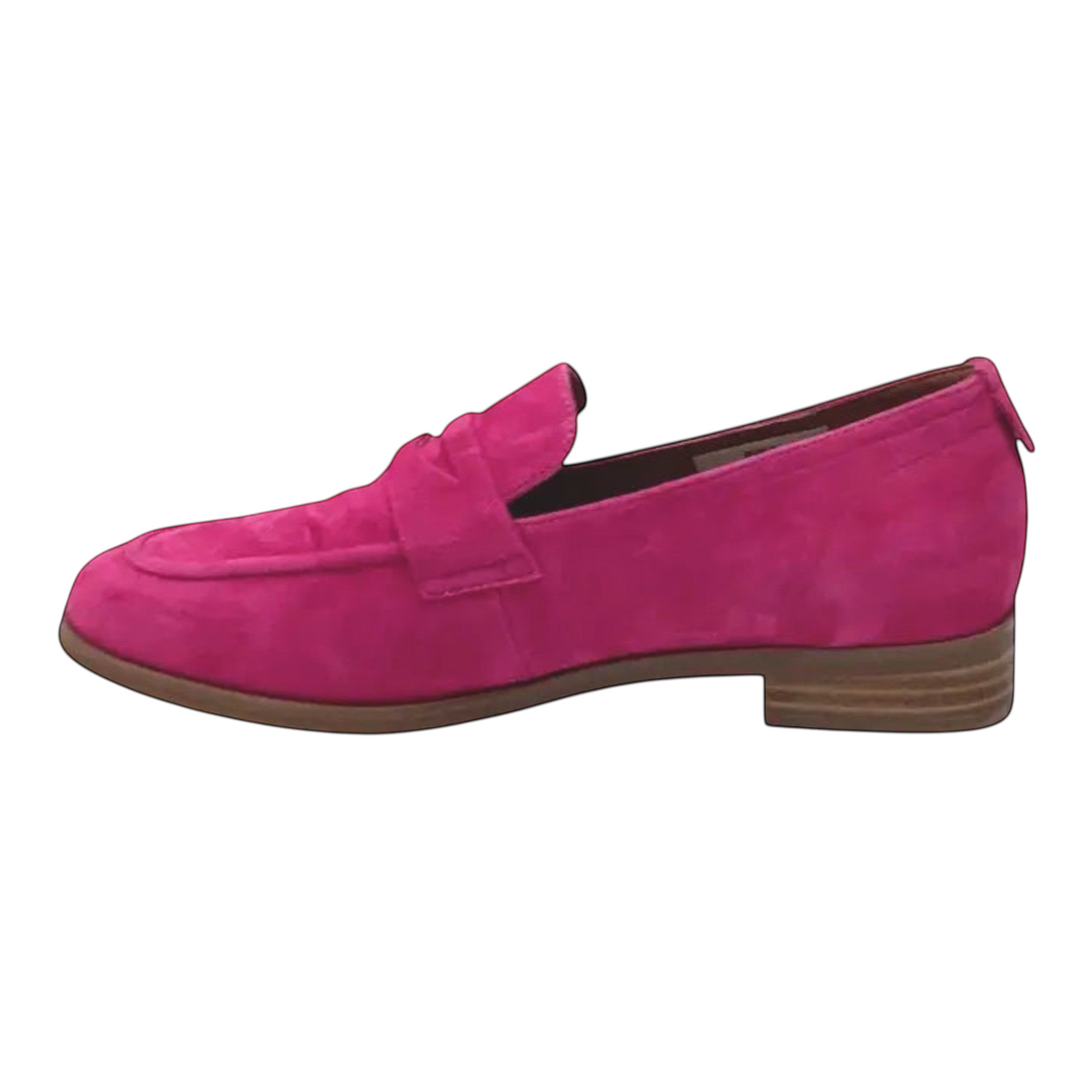 The Shoe Shop Belle Scarpe Rika fuchsia pink suede loafer with a low stacked heel and classic stitched detailing.