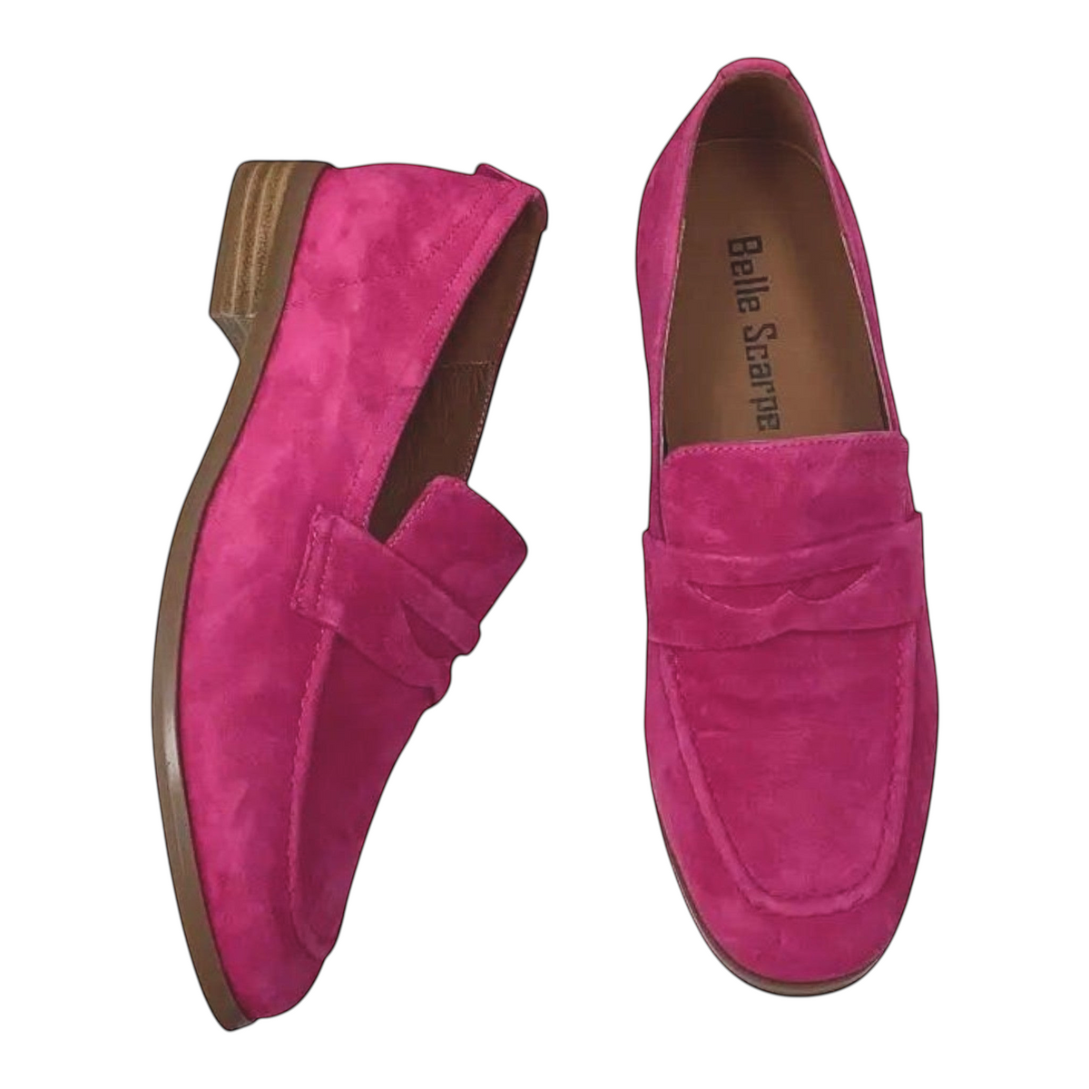 The Shoe Shop Belle Scarpe Rika fuchsia suede loafers with a low stacked heel and classic stitched detailing.