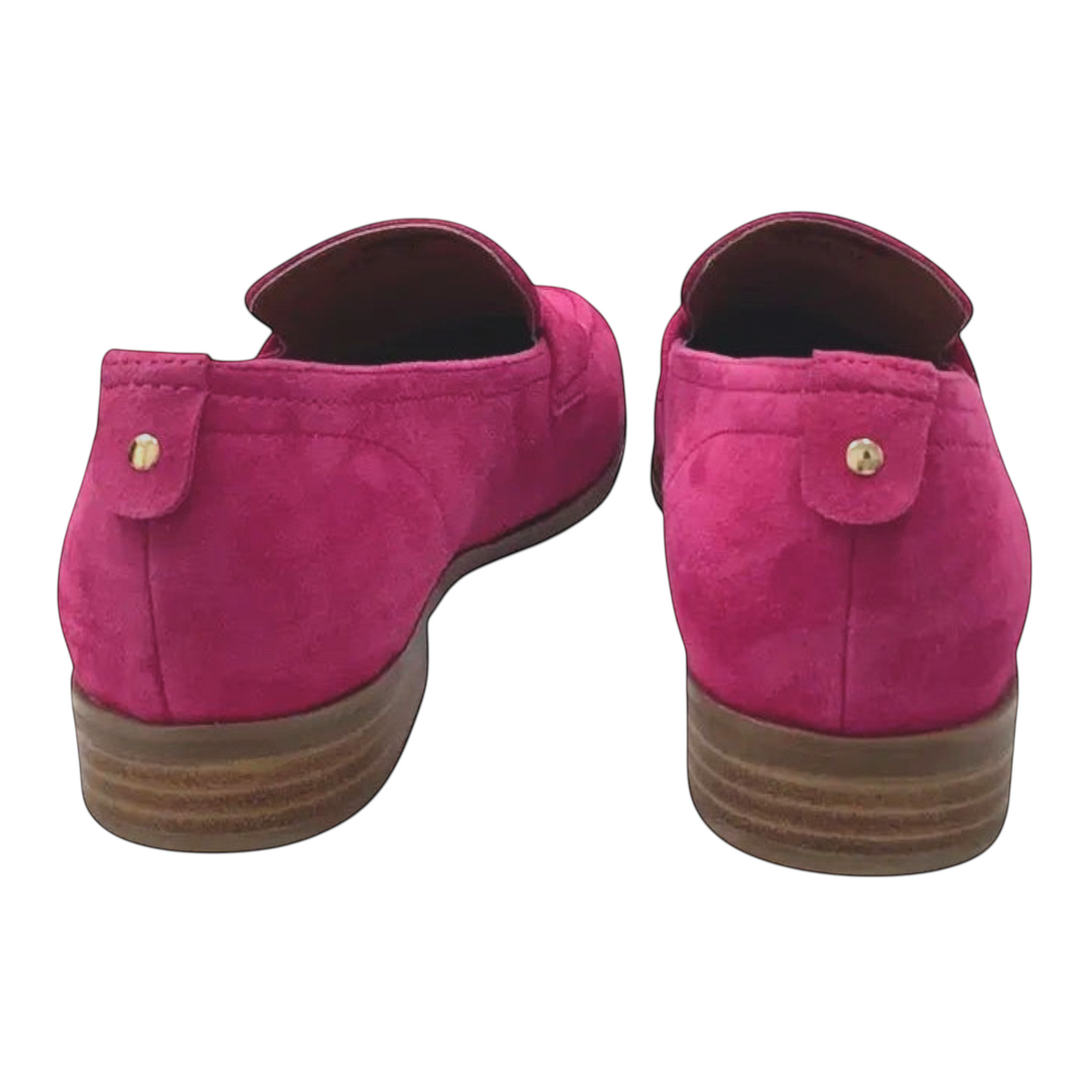 The Shoe Shop Belle Scarpe Rika fuchsia suede loafers with low stacked heels and gold stud detail, back view.
