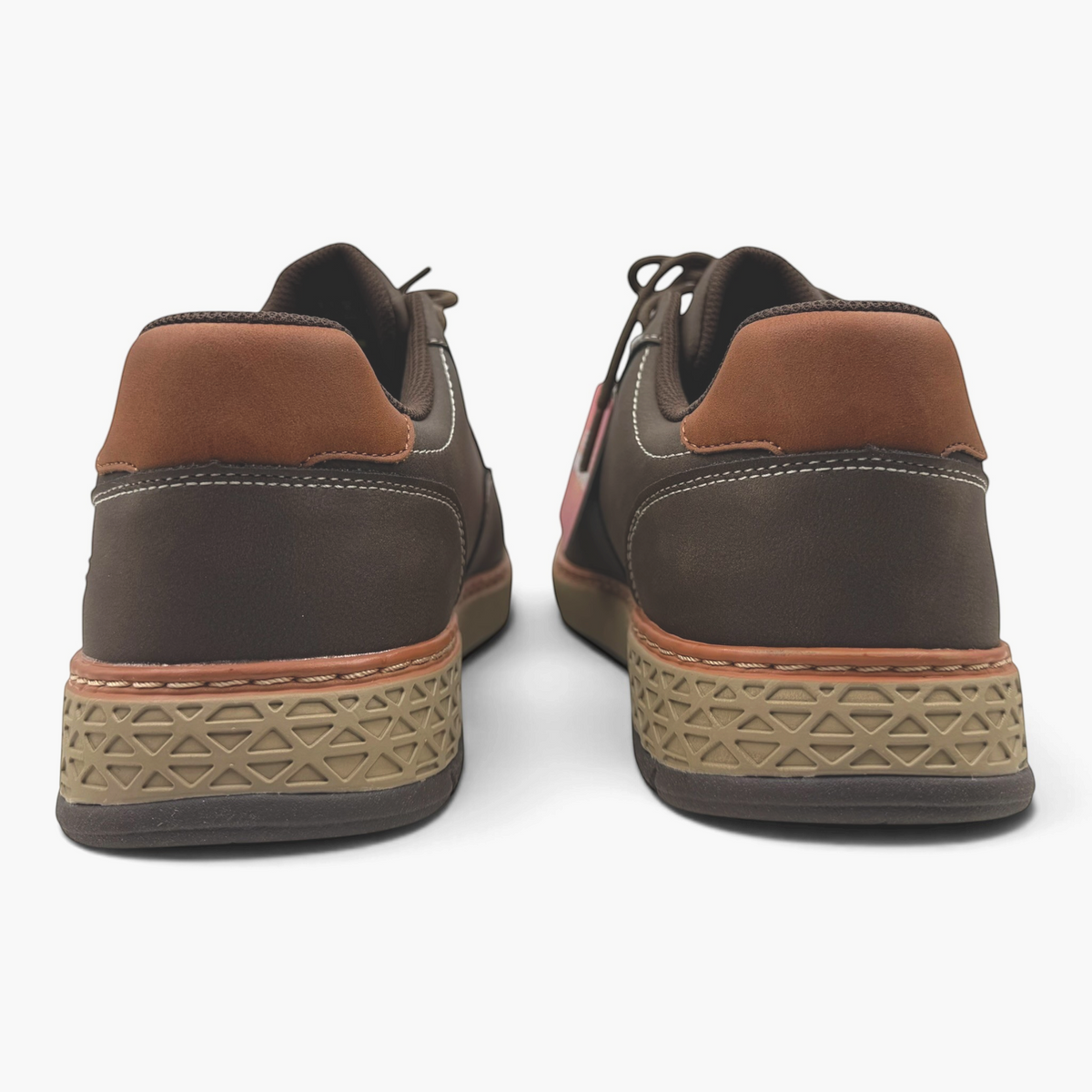 The Shoe Shop Garlan Pryor brown waterproof vegan leather lace-up shoes with textured outsoles, rear view.