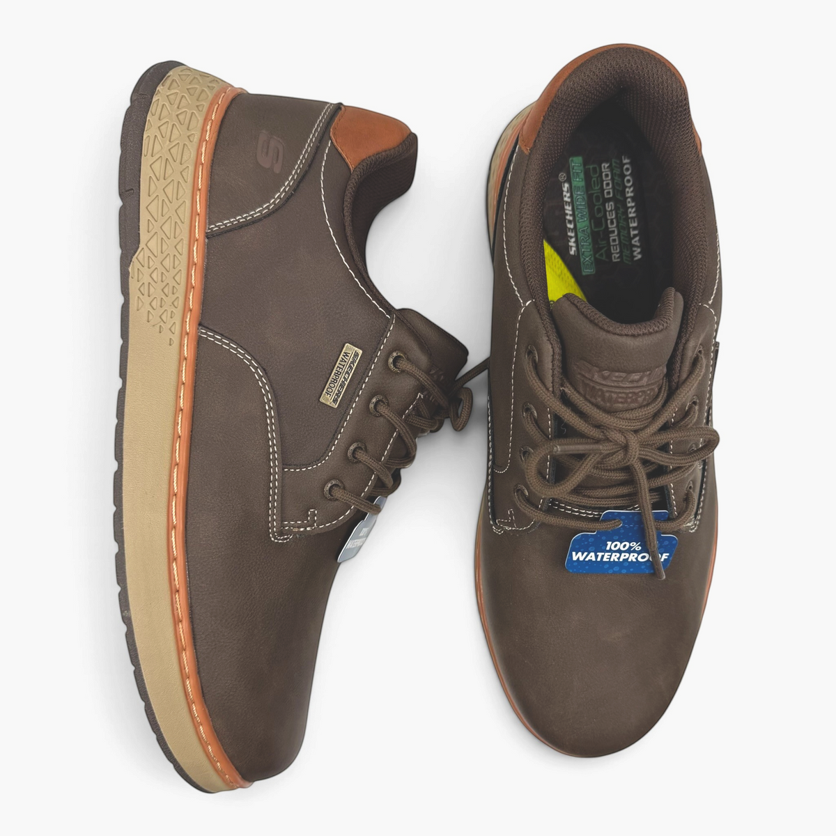 The Shoe Shop Skechers Garlan Pryor brown waterproof vegan leather lace-up shoes with memory foam insoles.