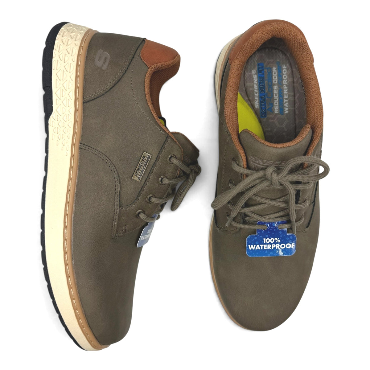 The Shoe Shop Garlan Pryor wide fit waterproof vegan leather lace-up shoes in olive green with memory foam insoles.