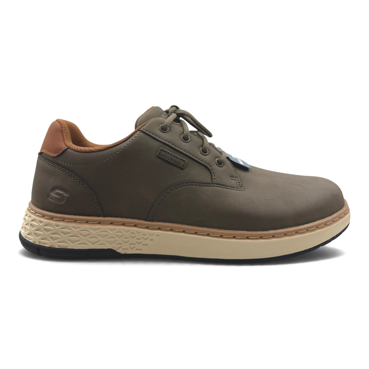 The Shoe Shop Skechers Garlan Pryor waterproof wide fit brown vegan leather lace-up shoe with cushioned sole