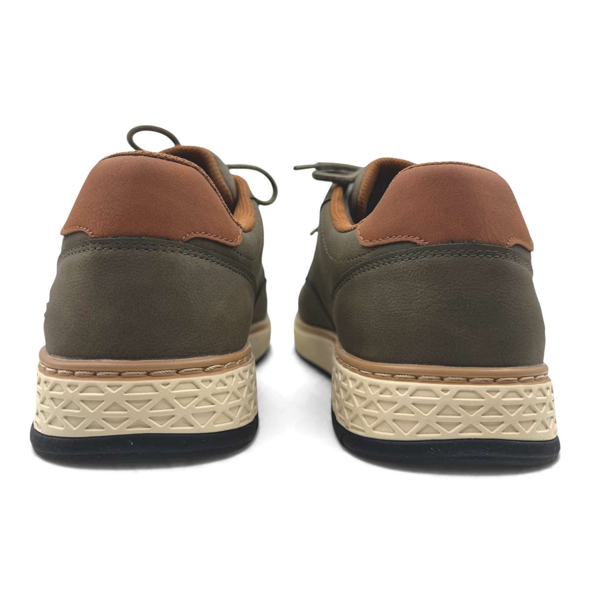 The Shoe Shop Garlan Pryor wide fit waterproof vegan leather sneakers in olive green with tan heel and textured sole