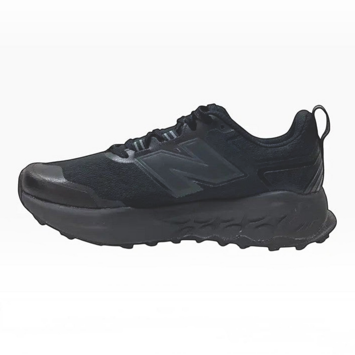 The Shoe Shop Garoé V2 all-black trail running shoe with breathable mesh upper and cushioned Fresh Foam midsole.