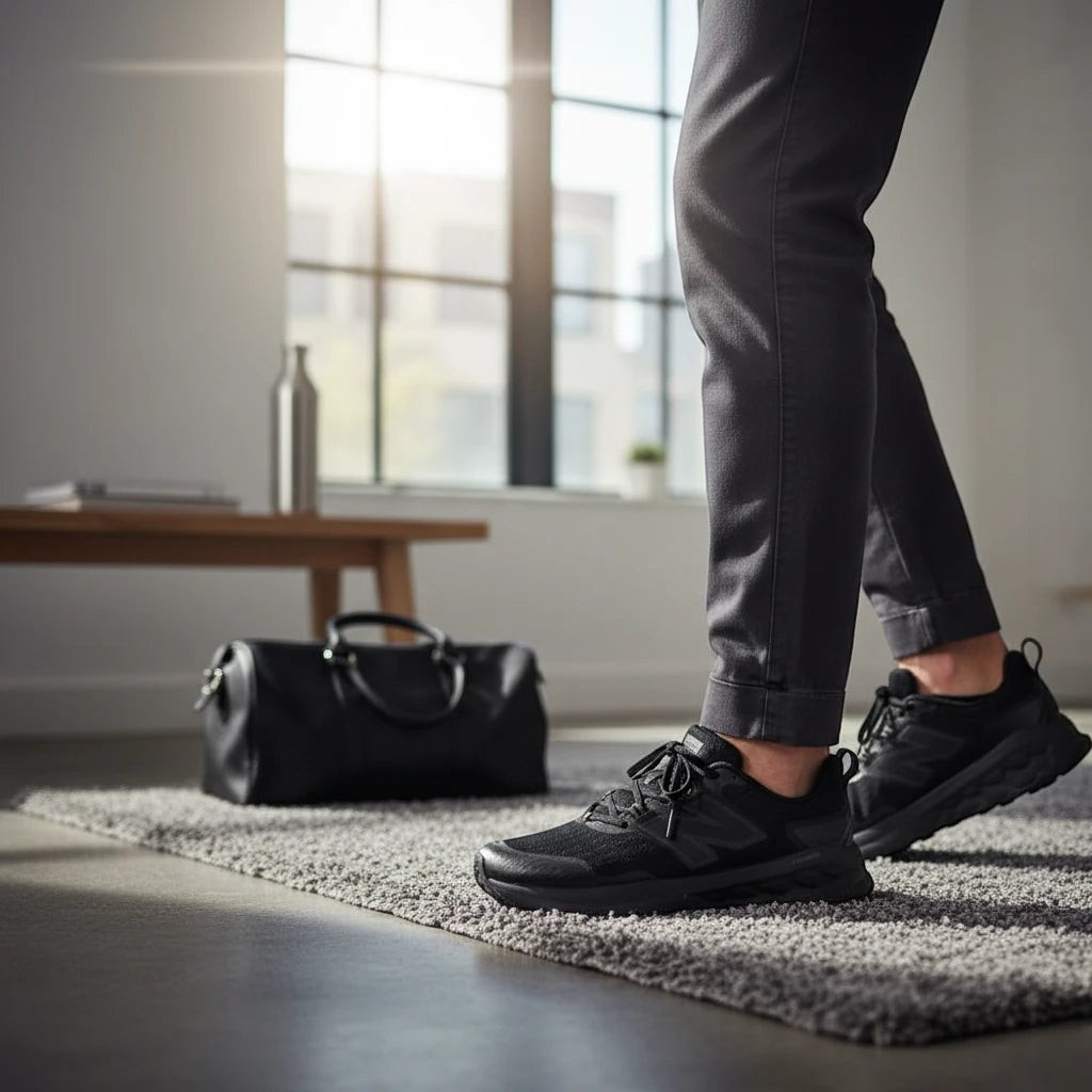 The Shoe Shop Garoé V2 all-black trail running shoes worn by a person in a modern room with a gym bag nearby.