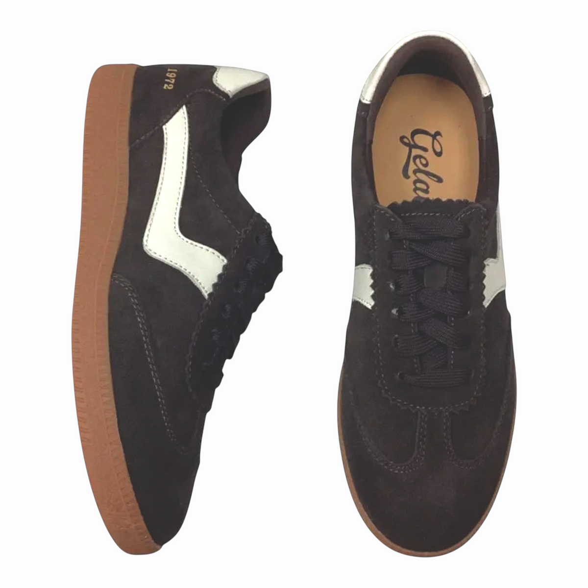 The Shoe Shop Gelato Staton sneakers in dark brown suede and leather with a white side wave and classic gum sole.