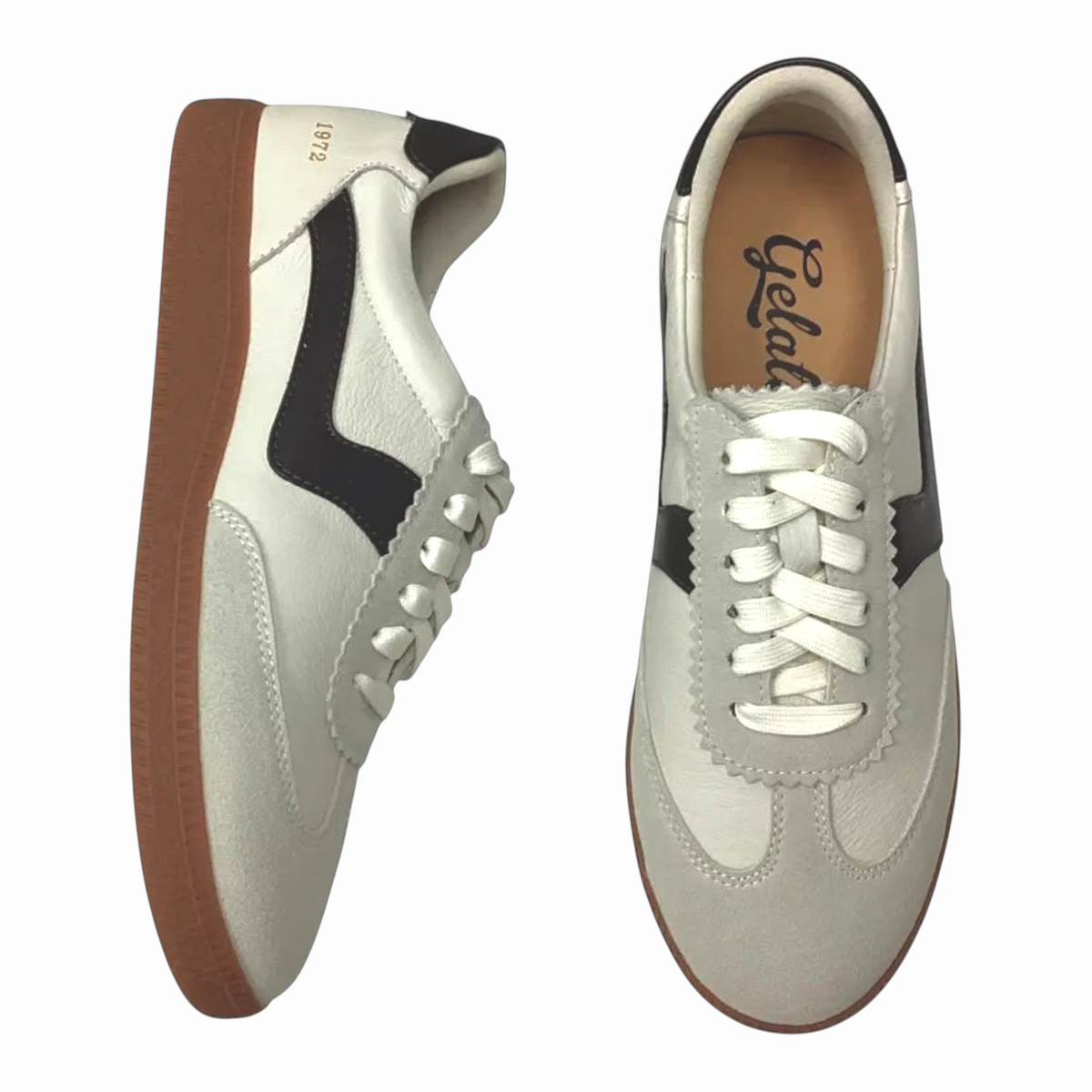 The Shoe Shop Gelato Staton retro sneakers in white leather and grey suede with a gum sole and side wave detail.