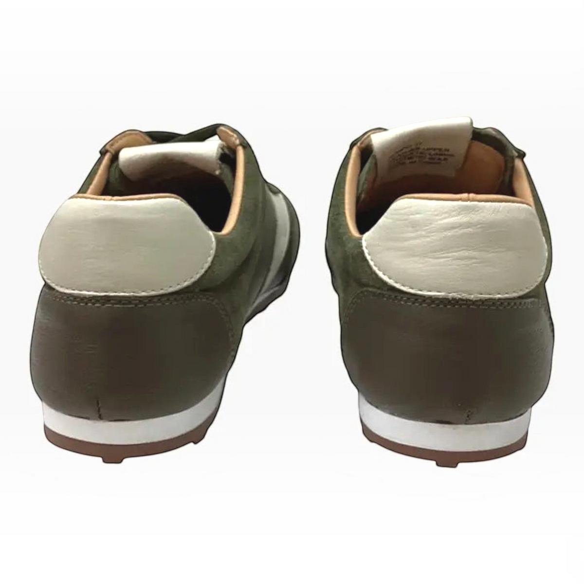The Shoe Shop Gimpo retro-inspired olive green suede and leather sneakers, rear view showing white heel tabs.