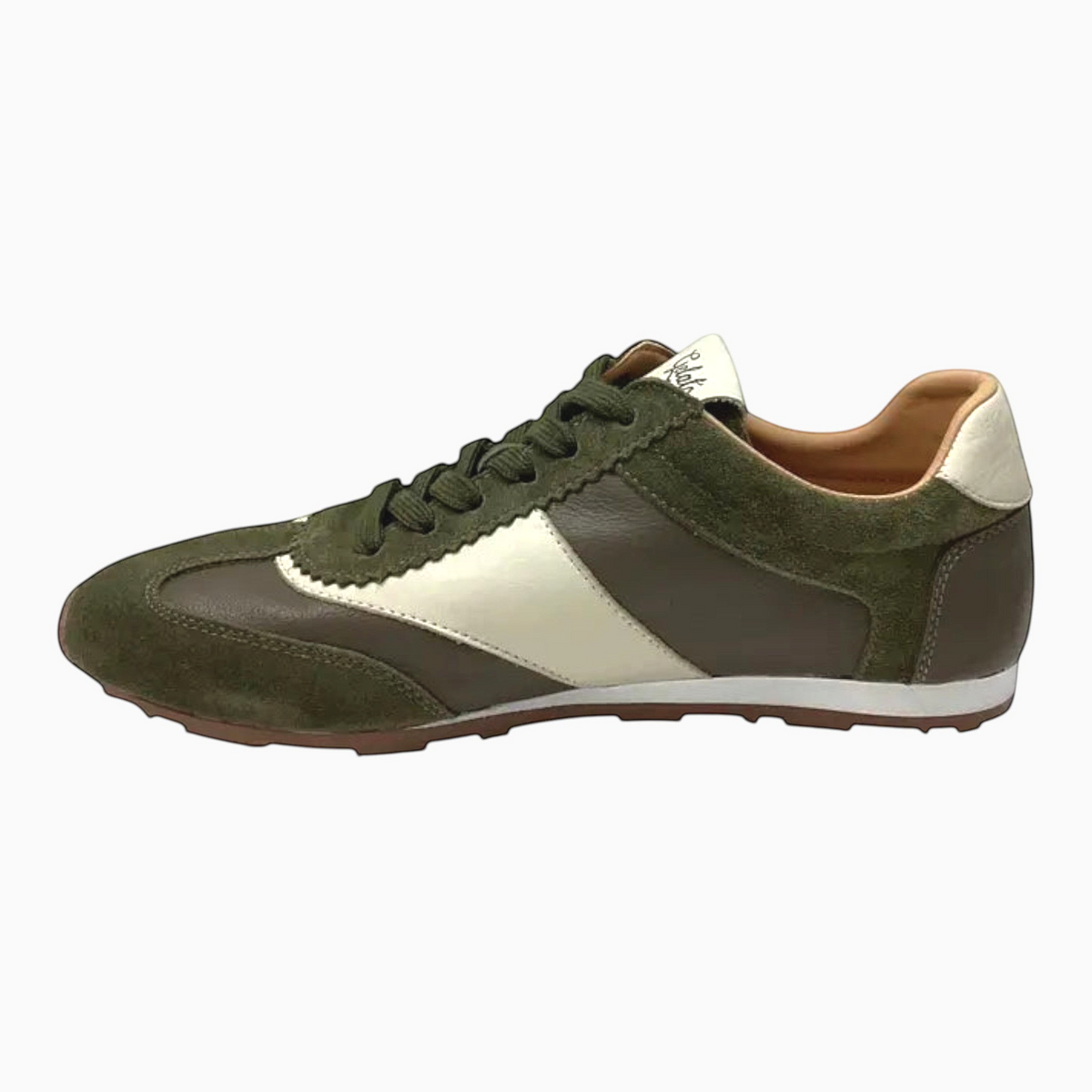 The Shoe Shop Gimpo retro-inspired olive green and brown suede and leather sneaker with a white side panel