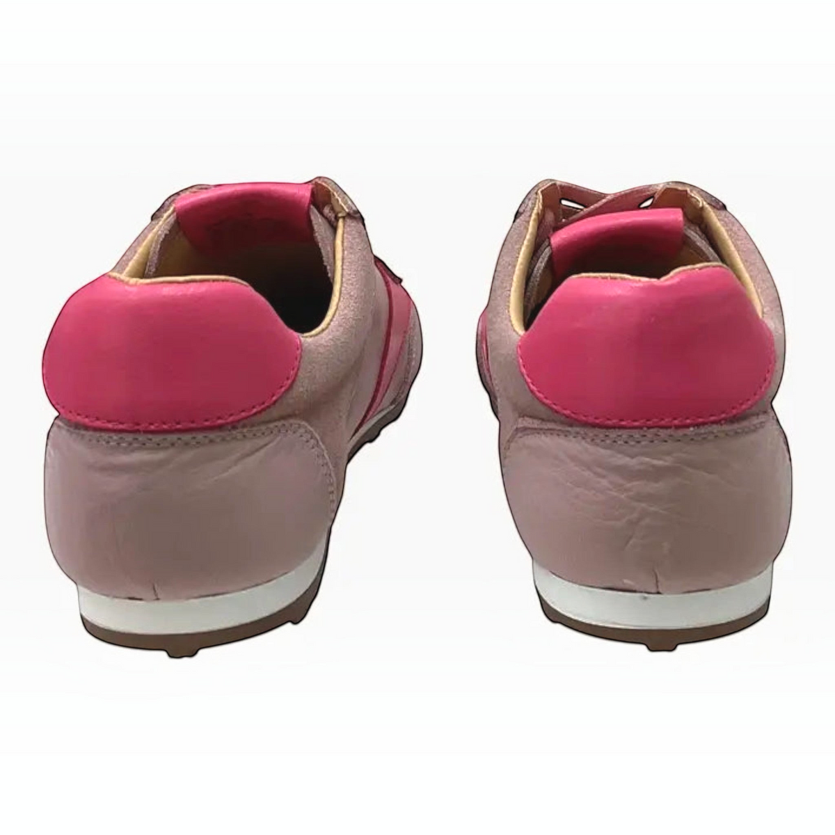 The Shoe Shop Gimpo retro-inspired pink suede and leather sneakers, back view showing heel detail and rubber sole.