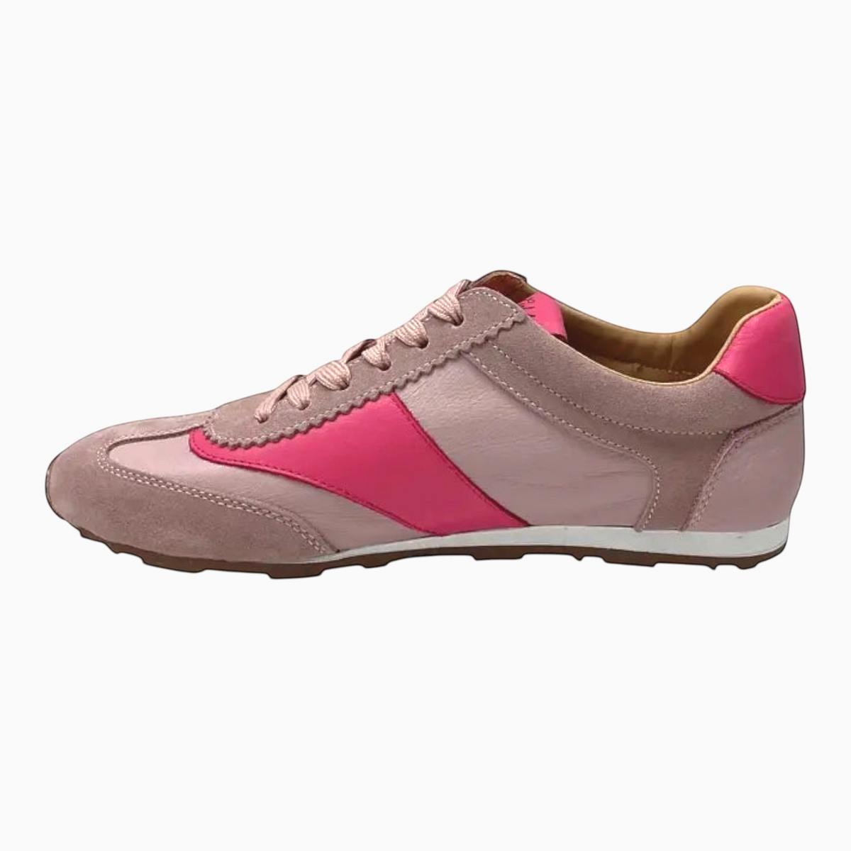 The Shoe Shop Gimpo retro-inspired pink suede and leather low-cut sneaker with a rugged rubber lug sole