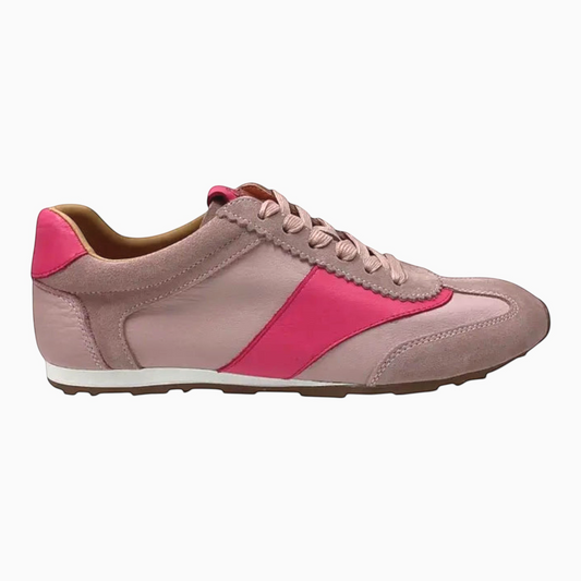 The Shoe Shop Gimpo retro-inspired pink suede and leather sneaker with a lace-up front and rugged rubber lug sole.