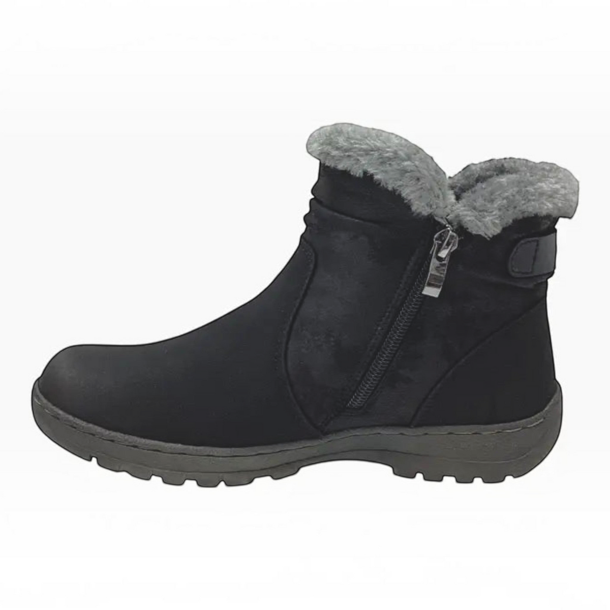 The Shoe Shop CC Resorts Ginger black non-leather ankle boot with faux fur collar, twin zips, and a grip sole.
