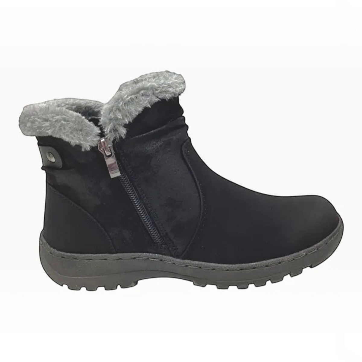 The Shoe Shop CC Resorts Ginger black non-leather ankle boot with faux fur collar, twin zips, and grip sole