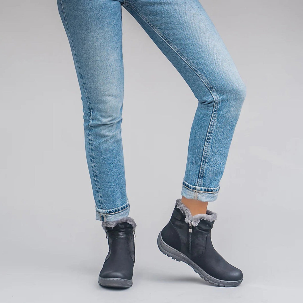 The Shoe Shop CC Resorts Ginger non-leather black ankle boots with faux fur collar, twin zips, and grip sole.