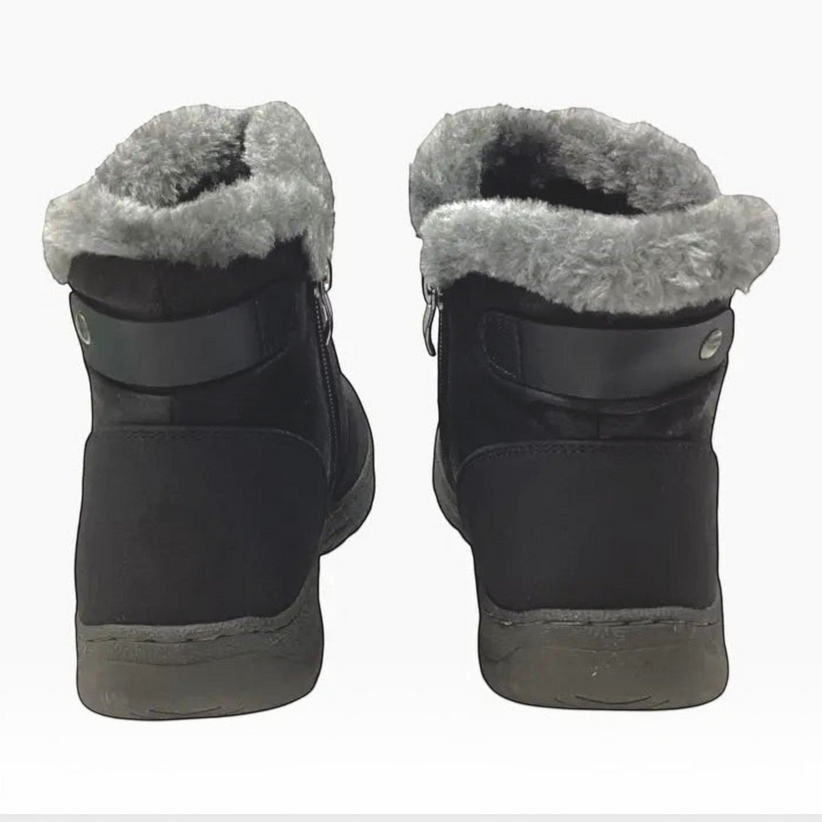 The Shoe Shop Ginger non-leather black winter boots with grey faux fur collar, twin zips, and non-slip soles