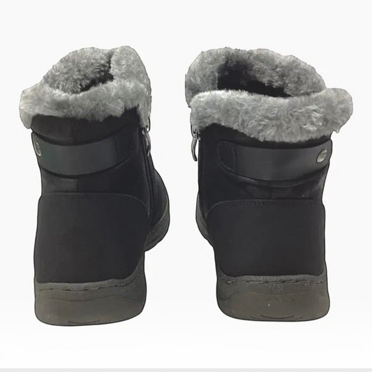 The Shoe Shop Ginger non-leather black winter boots with grey faux fur collar, twin zips, and non-slip soles