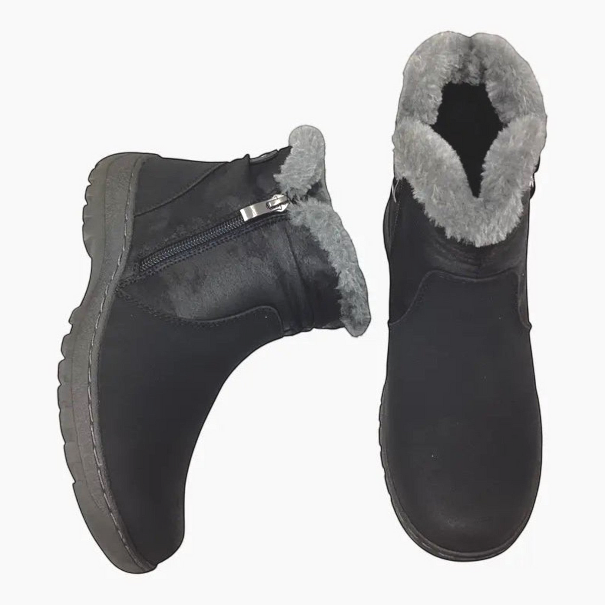 The Shoe Shop CC Resorts Ginger black non-leather ankle boots with faux fur collar, twin zips, and non-slip soles.