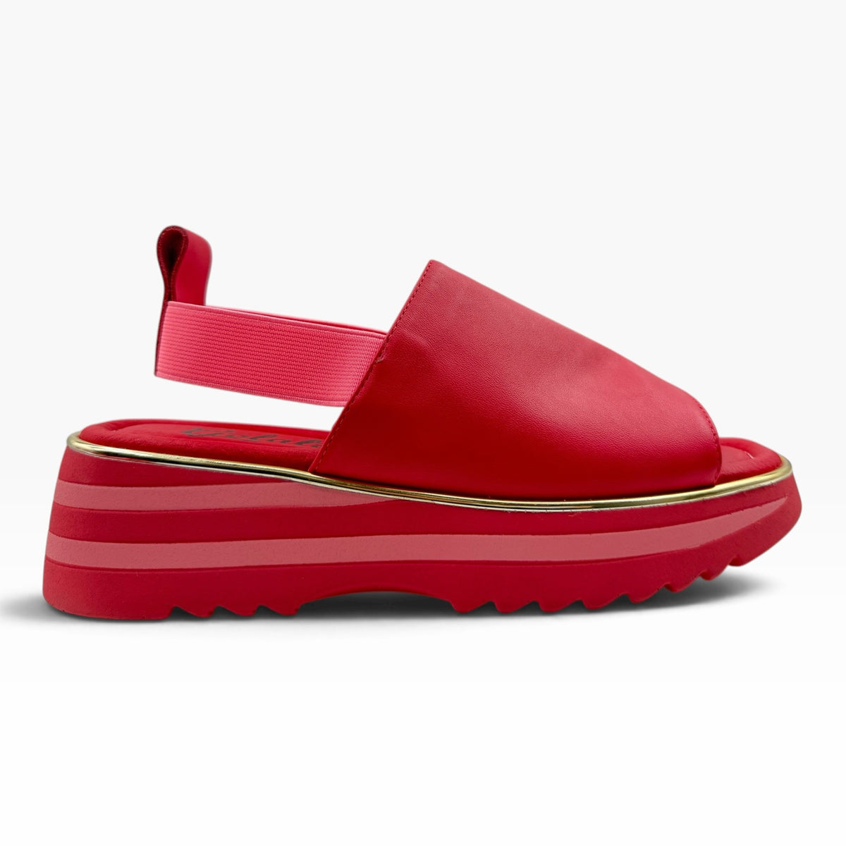 The Shoe Shop Gisborne red leather platform sandal with elasticated back strap and metallic trim detail.