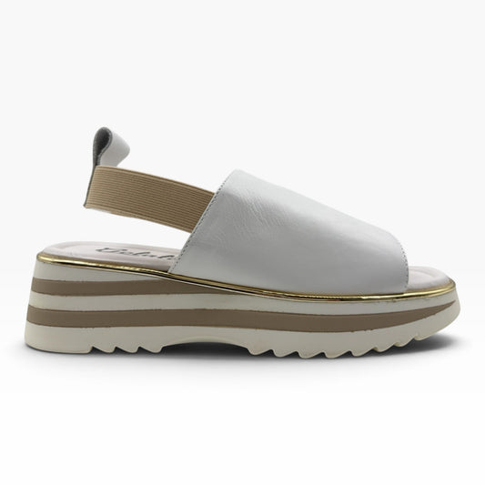 The Shoe Shop Gisborne white leather platform sandal with elasticated back strap and metallic trim detail.