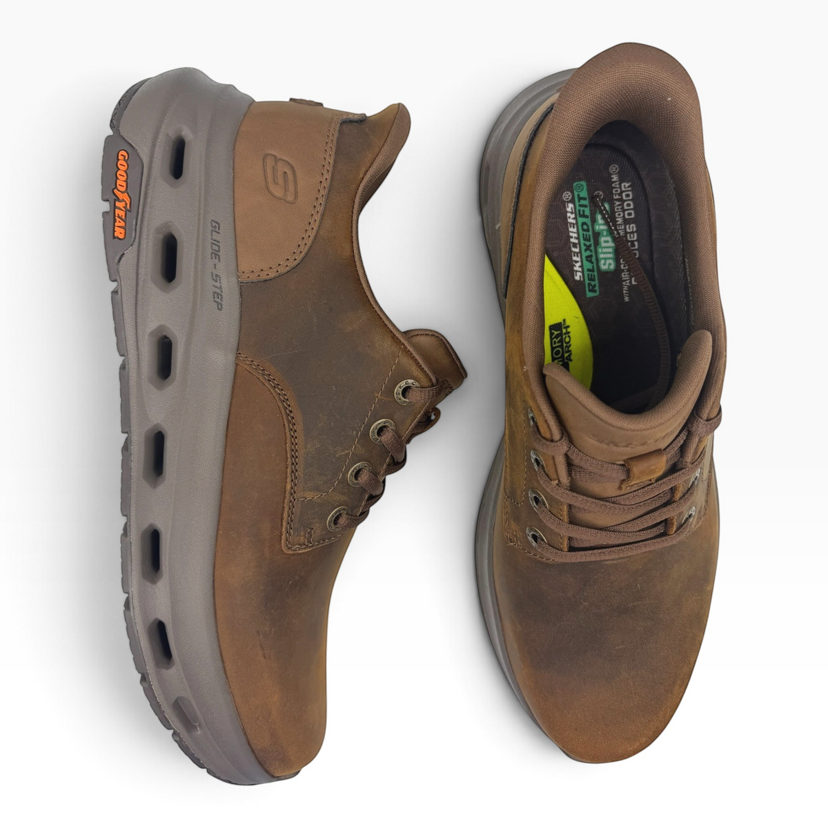 The Shoe Shop Glide Step Cade brown leather sneakers with Goodyear rubber outsoles and memory foam insoles.