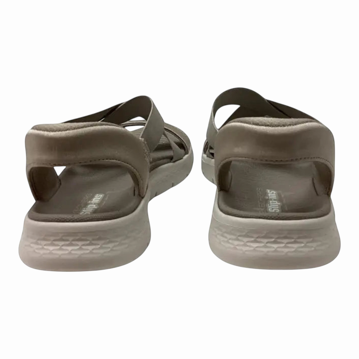 The Shoe Shop Go Walk Flex Glimmer Up sandals in taupe with a slip-in design and cushioned white sole