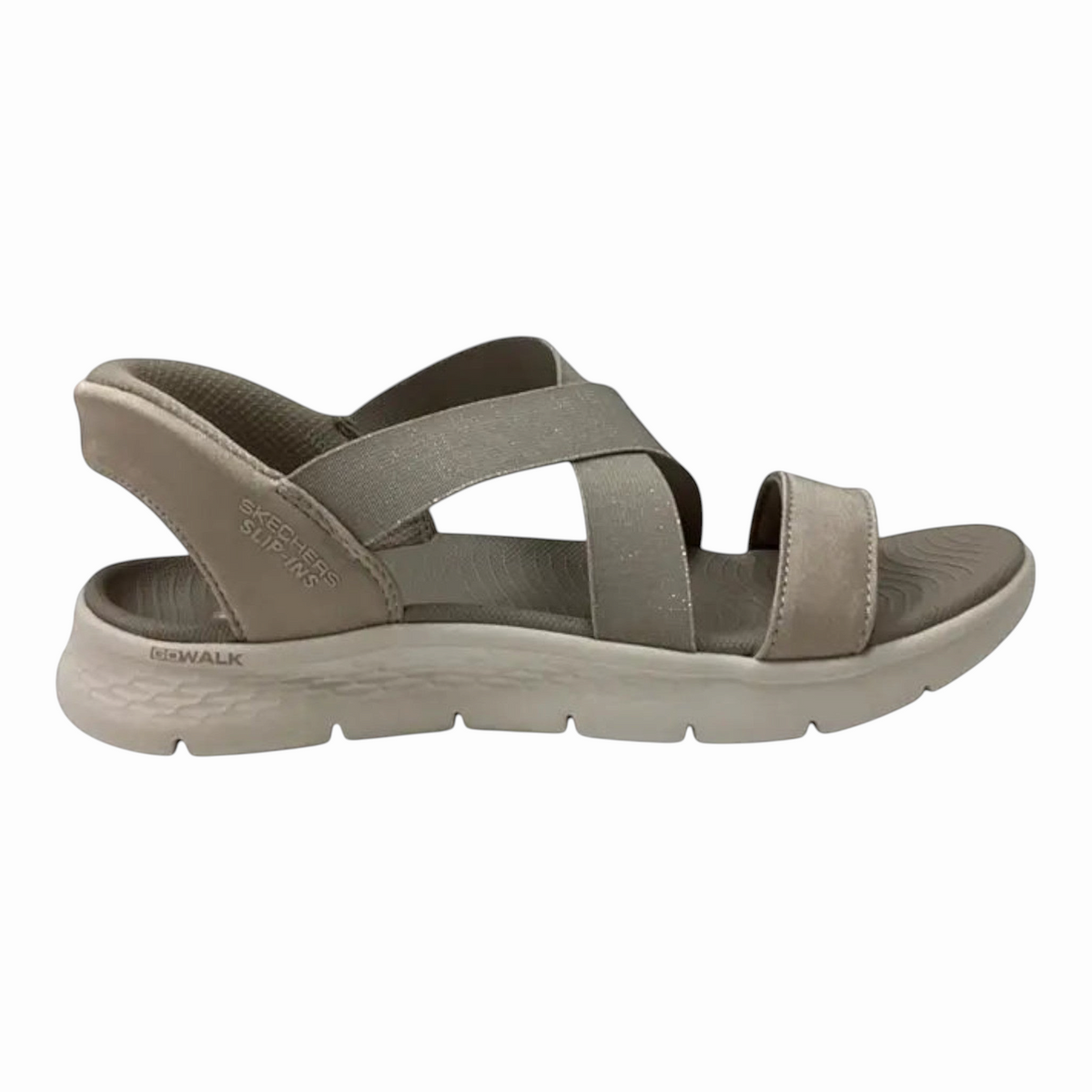 The Shoe Shop Go Walk Flex Glimmer Up beige slip-on sandals with crisscross straps and cushioned sole