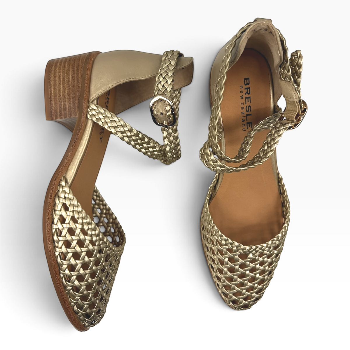 The Shoe Shop Anglo gold woven leather block heel sandals with braided ankle straps and buckle closure