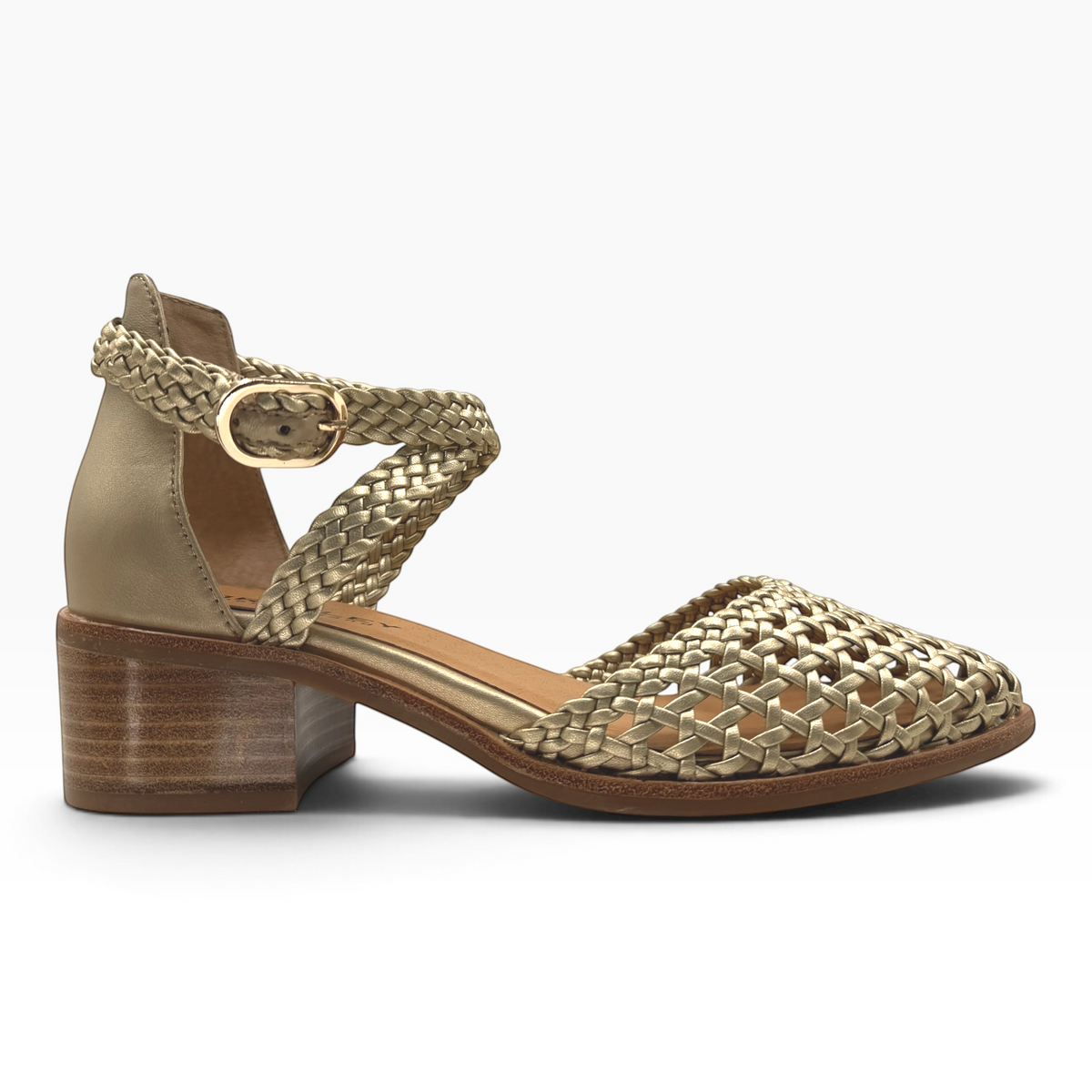 The Shoe Shop Anglo gold woven leather sandals with a low block heel and adjustable ankle strap