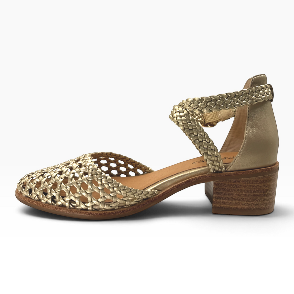 The Shoe Shop Anglo gold woven leather sandal with a low block heel and ankle strap
