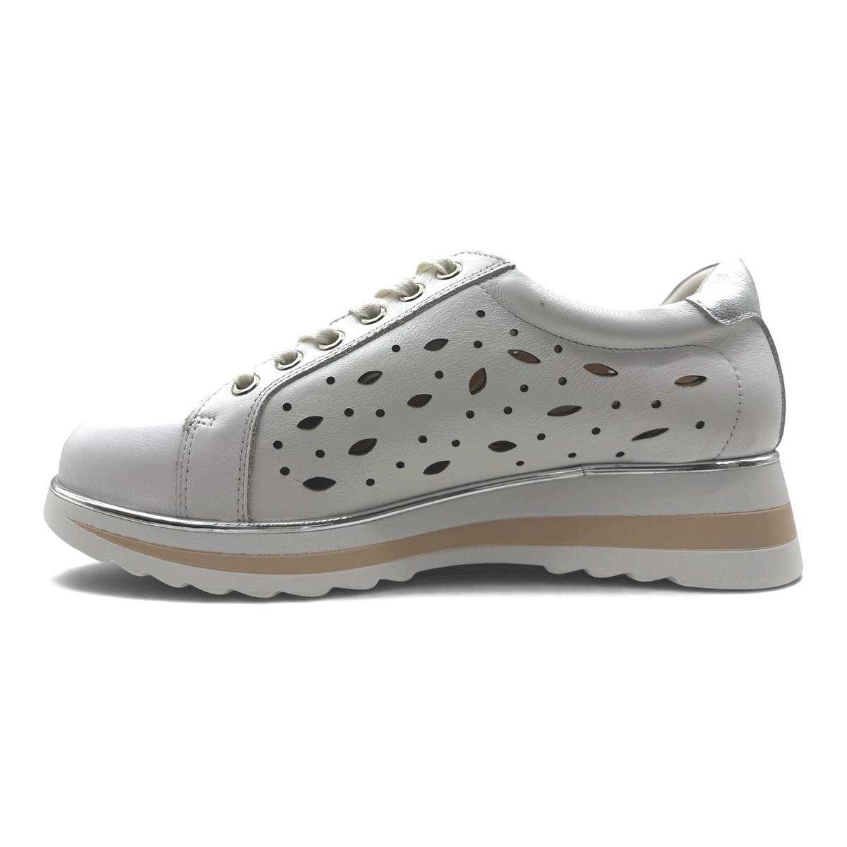 The Shoe Shop Goldie white leather sneaker with laser-cut side detailing and a metallic silver trim platform sole.