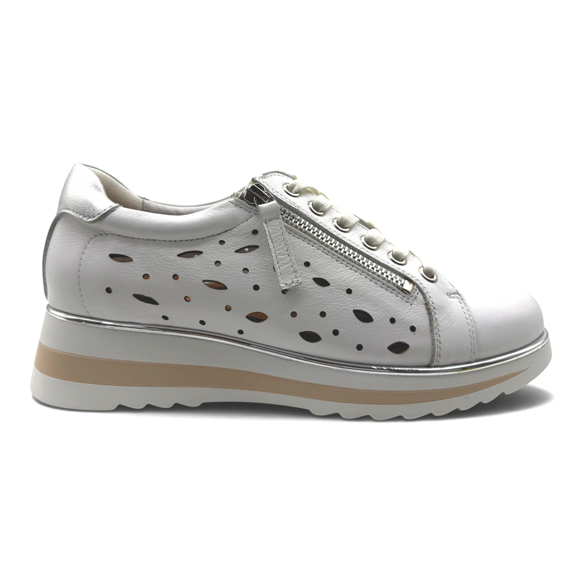 The Shoe Shop Goldie white leather sneaker with laser-cut side details, side zipper, and a metallic platform sole.