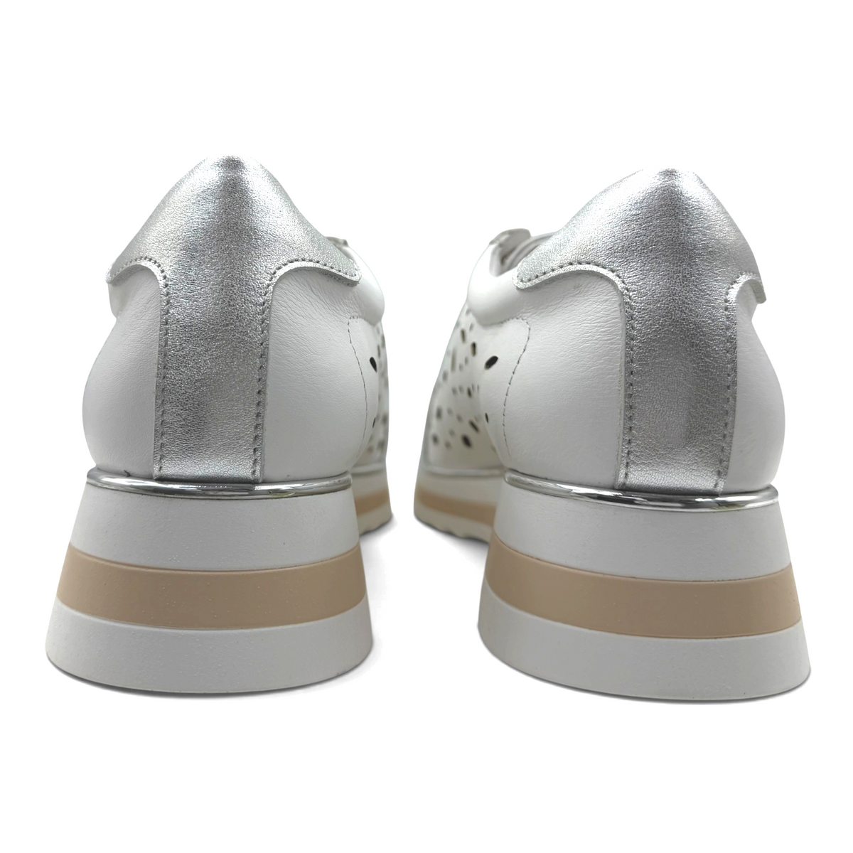 The Shoe Shop Goldie white leather sneakers with metallic silver heel detail and a layered platform sole