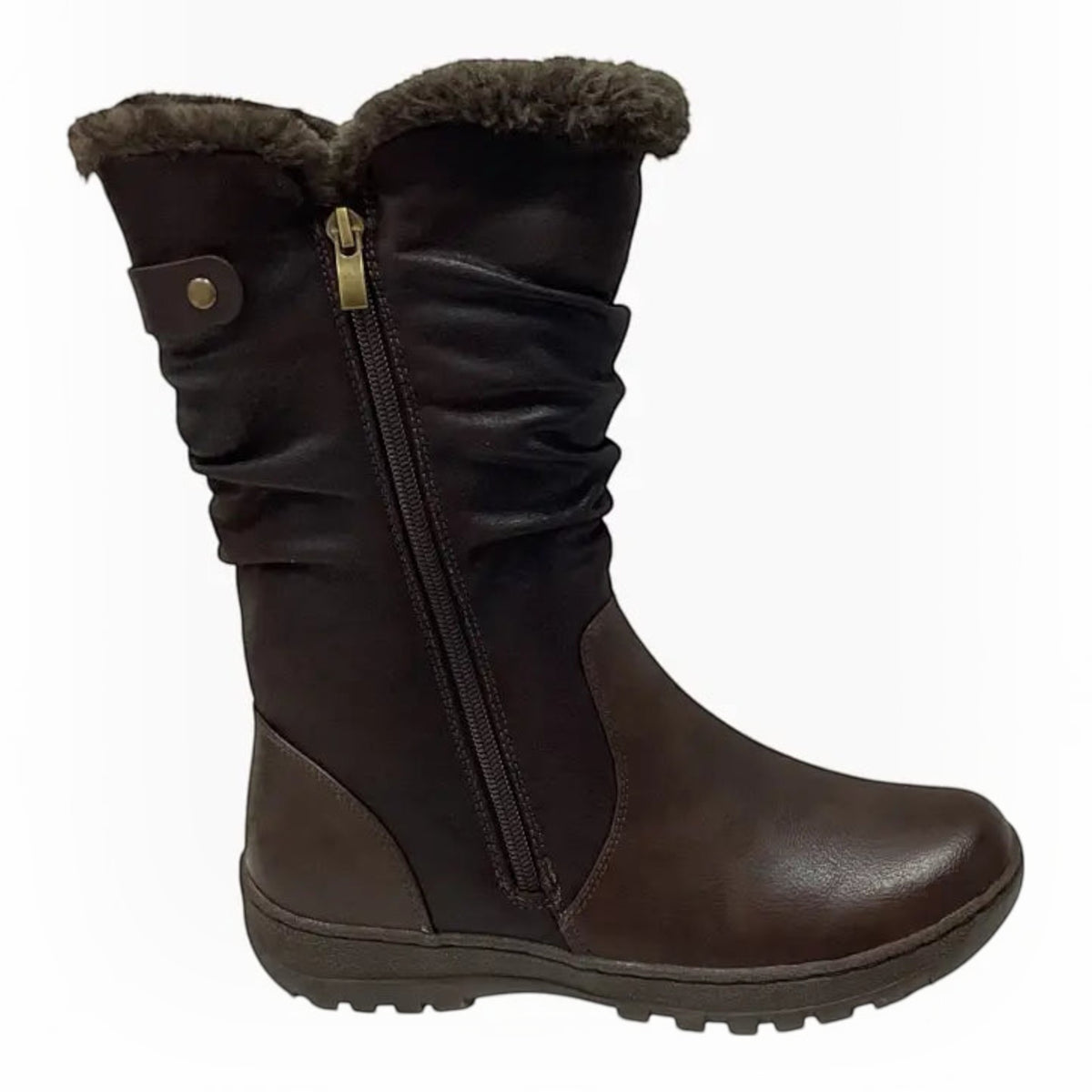The Shoe Shop Goose mid-calf winter boots in dark brown with faux fur lining, side zipper, and non-slip grip sole.
